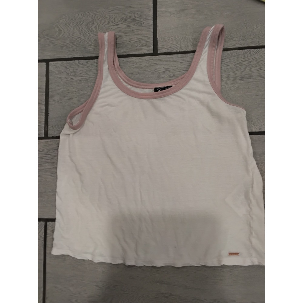 Volcom Lived In Lounge White Pink Ringer Tank Top Womens Scoop Neck Relaxed-S